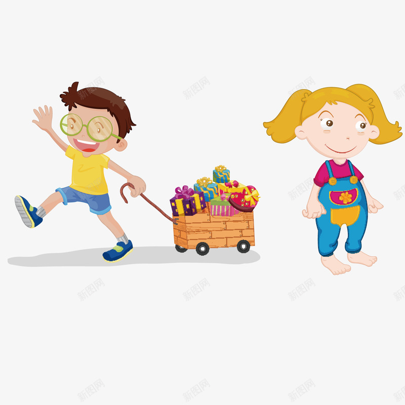 拉着购物车的男孩矢量图ai免抠素材_新图网 https://ixintu.com 男孩女孩 购物 购物车 矢量图