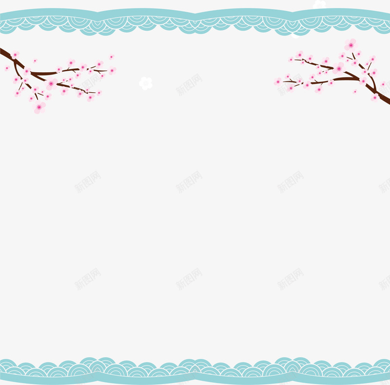 蓝色中国风花枝框架png免抠素材_新图网 https://ixintu.com 中国风边框 桃花 海浪 花枝 蓝色框架 边框纹理