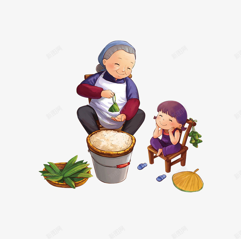 奶奶教孙女裹粽子png免抠素材_新图网 https://ixintu.com 卡通 奶奶 孙女 裹粽子