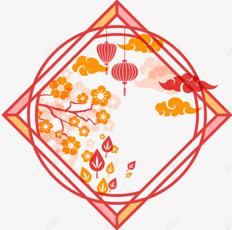 橙色中国风灯笼标志png免抠素材_新图网 https://ixintu.com 中国风灯笼 新年快乐 橙色标志 祥云 红灯笼 花枝