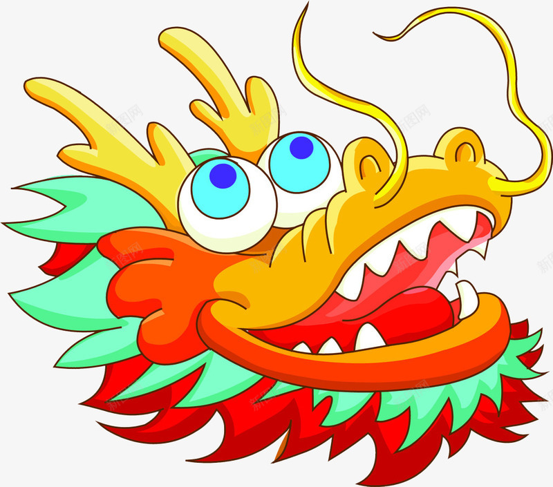 龙头简图png免抠素材_新图网 https://ixintu.com 一条 卡通 头像 手绘 绿色 胡须 黄色 龙 龙头