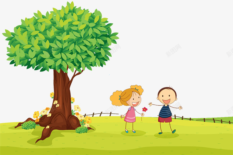 可爱卡通插图草地上的玩闹的孩子png免抠素材_新图网 https://ixintu.com 卡通插图 可爱 女孩 玩闹 男孩 草地上 草地上的人 送花