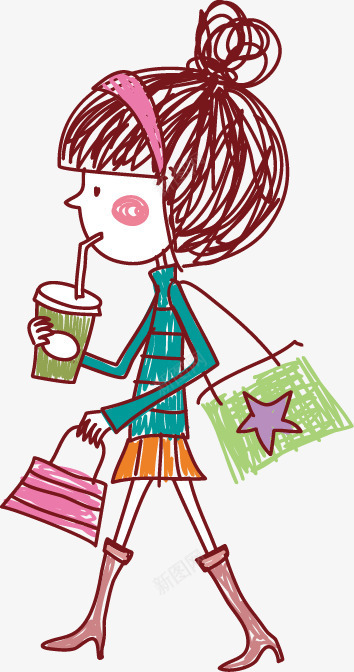 手绘女孩购物插画png免抠素材_新图网 https://ixintu.com PNG 喝饮料 手绘女孩 线条 购物女孩