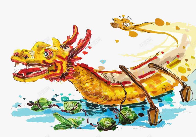 手绘水彩端午节插画龙舟与粽子png免抠素材_新图网 https://ixintu.com 手绘 插画 水彩 端午节 粽子 节日插画 龙舟