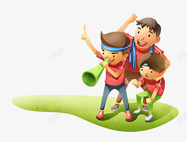 卡通欢呼的孩子png免抠素材_新图网 https://ixintu.com 三个男孩 三个运动员 卡通欢呼的孩子 绿色喇叭 草地上的男孩