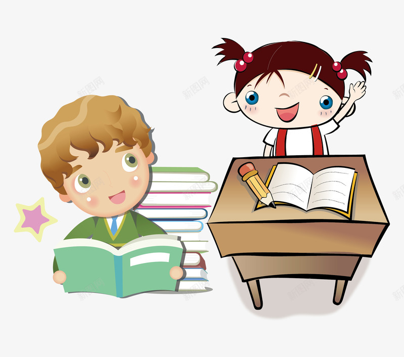 爱学习的两个孩子png免抠素材_新图网 https://ixintu.com 书本 女生 学习 微笑 桌子 男生 知识 课本 铅笔 高兴