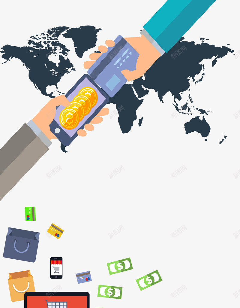 网银支付卡通购物车png免抠素材_新图网 https://ixintu.com 卡通 手拿手机 手机 网银支付 购物 购物袋 购物车 金币 钱 银行卡