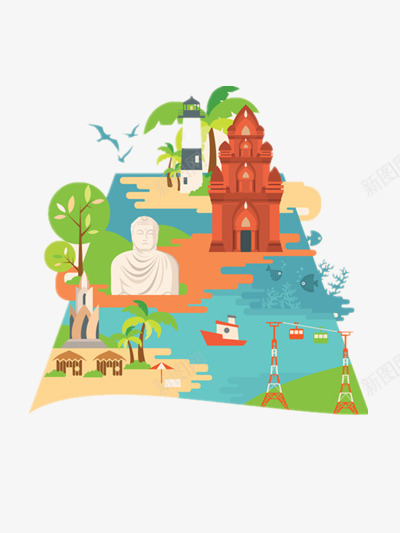 插画png免抠素材_新图网 https://ixintu.com 夏日 大海 彩色 插画 旅游 沙滩 风景区