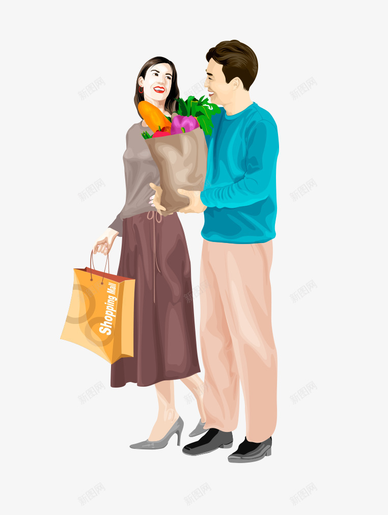 手绘夫妻png免抠素材_新图网 https://ixintu.com 夫妻 手绘 欢乐的夫妻 蔬菜 购物袋