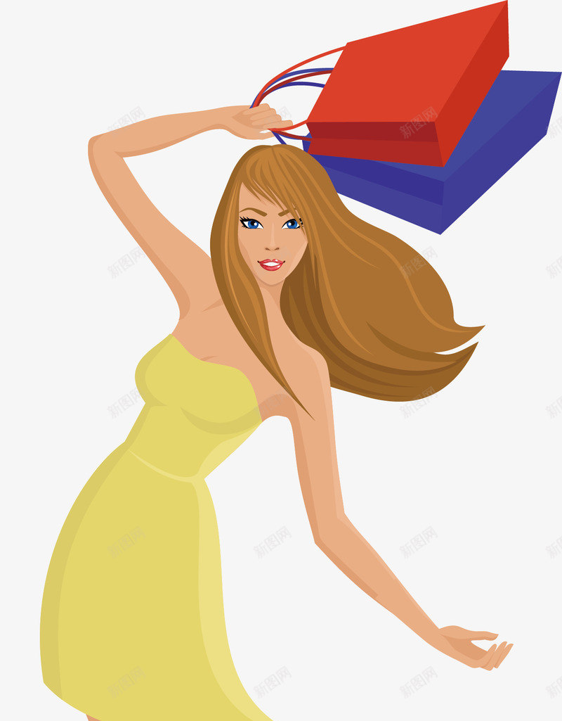 商场购物图标png_新图网 https://ixintu.com 卡通女孩 商场购物 彩色底纹 扁平化 矢量图标 黄色裙子