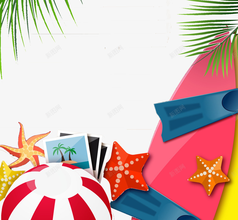 夏日度假元素木纹背景png免抠素材_新图网 https://ixintu.com 免费png图片 免费矢量素材 冲浪板 划桨板 夏日元素 海星 背景
