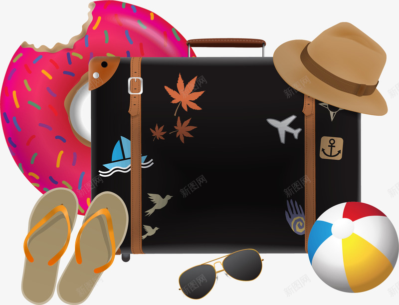 夏日黑色皮箱子png免抠素材_新图网 https://ixintu.com 卡通箱子 墨镜 夏日旅行 帽子 手提箱 拖鞋 旅行箱 沙滩球 行李箱