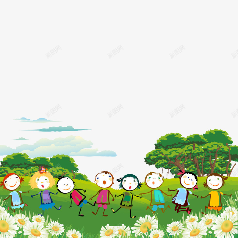 一群孩子png免抠素材_新图网 https://ixintu.com 大树 孩子 手拉手 绿色 草地