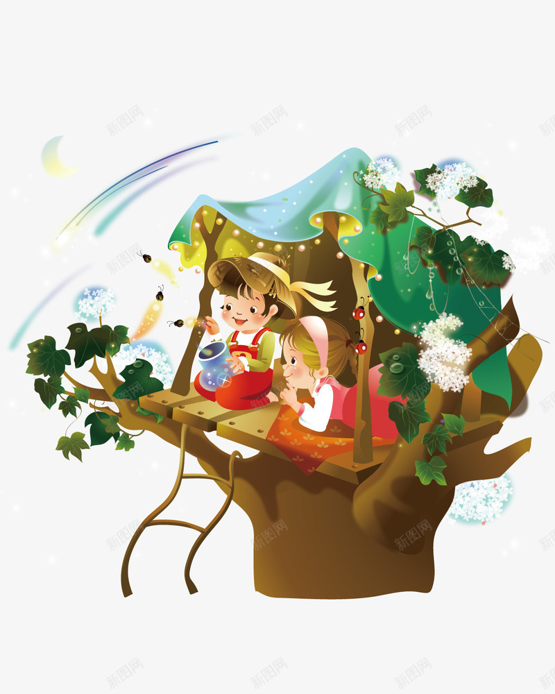 卡通星空夜晚png免抠素材_新图网 https://ixintu.com 卡通 夜晚 孩子 星空 植物 漫画 黑夜星空
