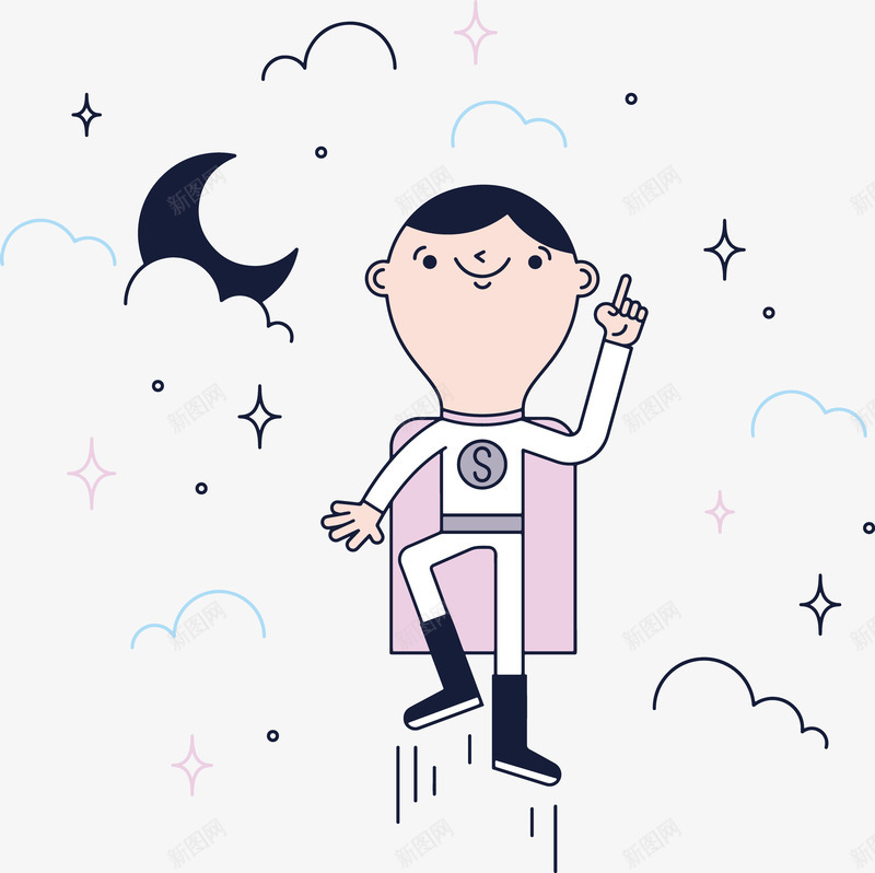 卡通男超人png免抠素材_新图网 https://ixintu.com 创意 彩色 手指 斗篷 月亮 男超人 白云 颜色