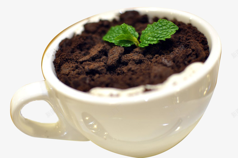 陶瓷杯碗装盆栽奶茶png免抠素材_新图网 https://ixintu.com 创意饮料 巧克力粉 杯碗装 白色 盆栽奶茶 薄荷叶 陶瓷