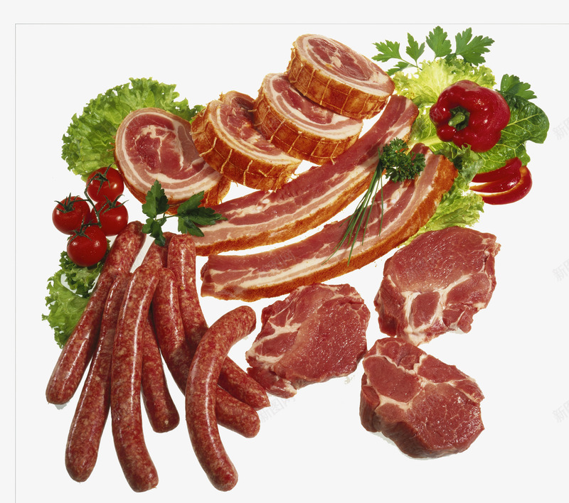 多种肉类和蔬菜摄影png免抠素材_新图网 https://ixintu.com 五花肉 五花肉片 多种肉类和蔬菜摄影 实物 德国香肠 猪 猪肉肠 猪脊肉 番茄 肉卷 肉类 青菜