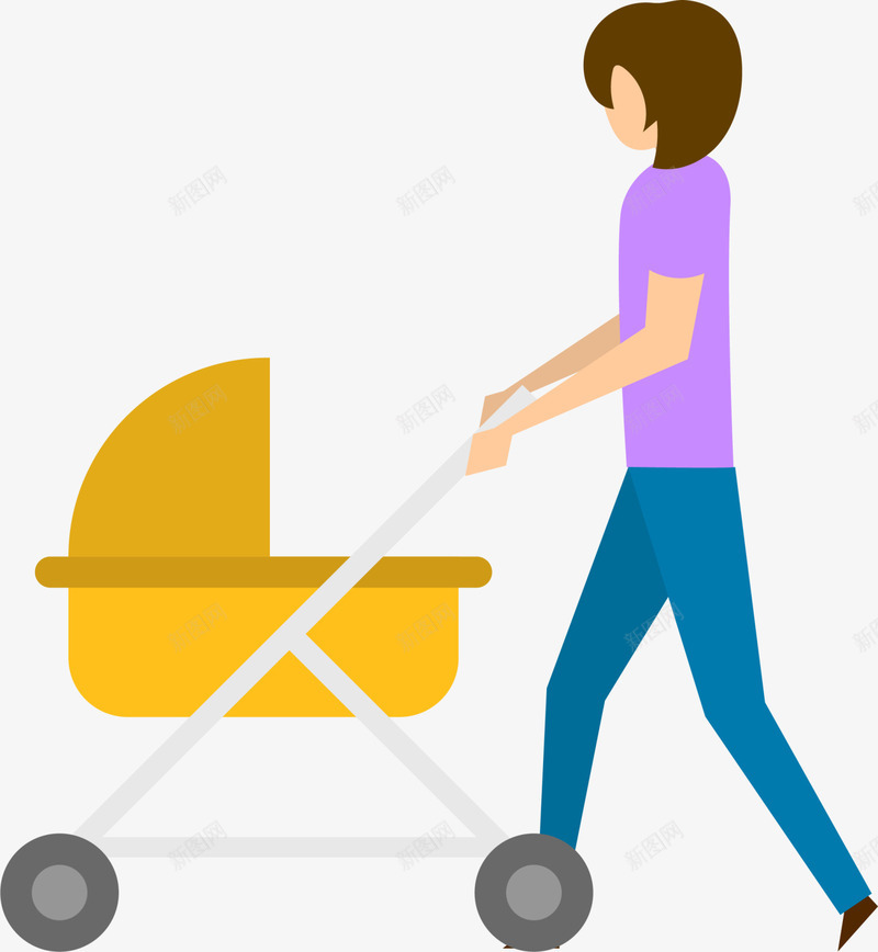 推着车的女人插画png免抠素材_新图网 https://ixintu.com 人物插画 可爱女人 女人插画 推着车的女人 美丽女人 黄色婴儿车