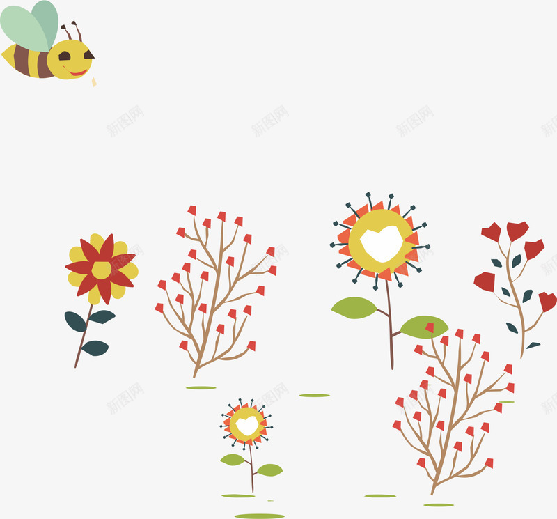 野花野草png免抠素材_新图网 https://ixintu.com 卡通 植物 花朵 花枝 蜜蜂