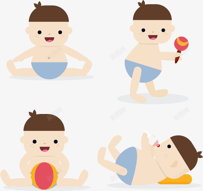 四个可爱的小宝贝png免抠素材_新图网 https://ixintu.com 卡通婴儿 小婴儿 扁平婴儿 矢量素材 表情