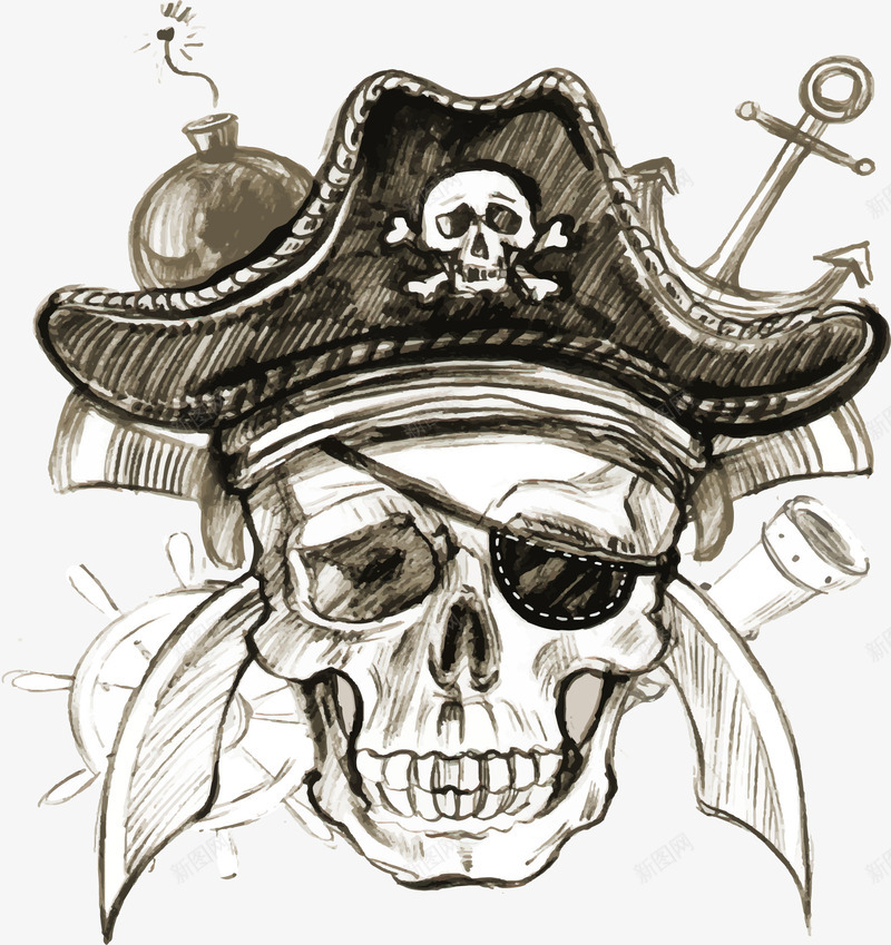 素描手绘骷髅头像png免抠素材_新图网 https://ixintu.com 手绘骷髅 海盗 海盗旗帜 矢量素材 骷髅头