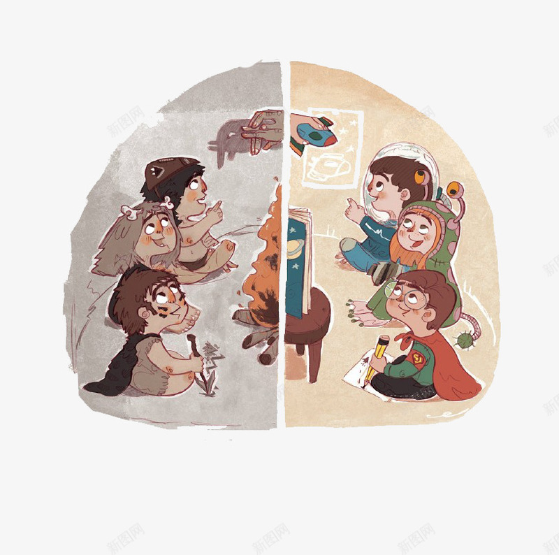 卡通古代和现代png免抠素材_新图网 https://ixintu.com 古代 时期 现代 童年