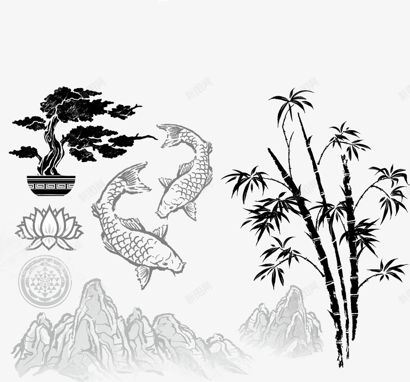 盆栽鲤鱼莲花山竹水墨风png免抠素材_新图网 https://ixintu.com 山 水墨 水墨水纹 盆栽 竹 莲花 鲤鱼