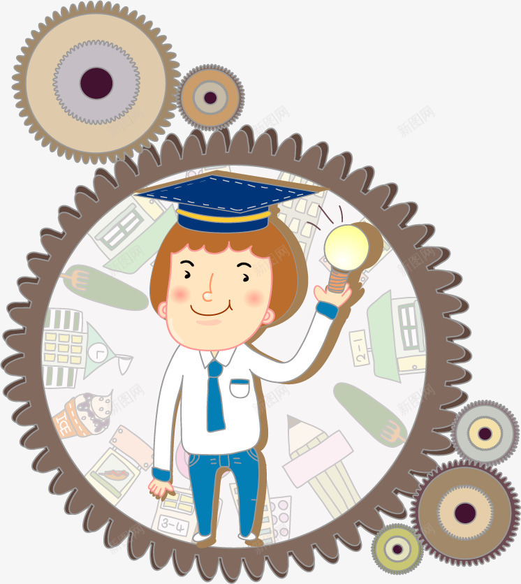 卡通手绘学生png免抠素材_新图网 https://ixintu.com 卡通齿轮 手绘博士 手绘学生 手绘齿轮 教学素材 矢量博士 矢量学生 矢量教育素材 矢量齿轮