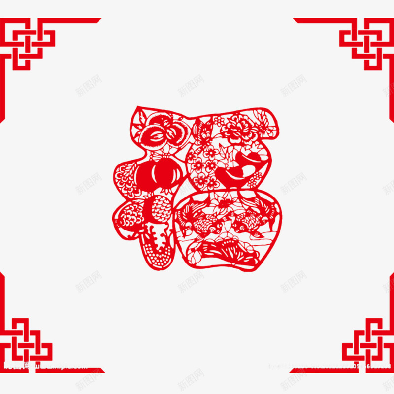 福字窗花剪纸psd免抠素材_新图网 https://ixintu.com 剪纸 新年 福利 窗花 红色