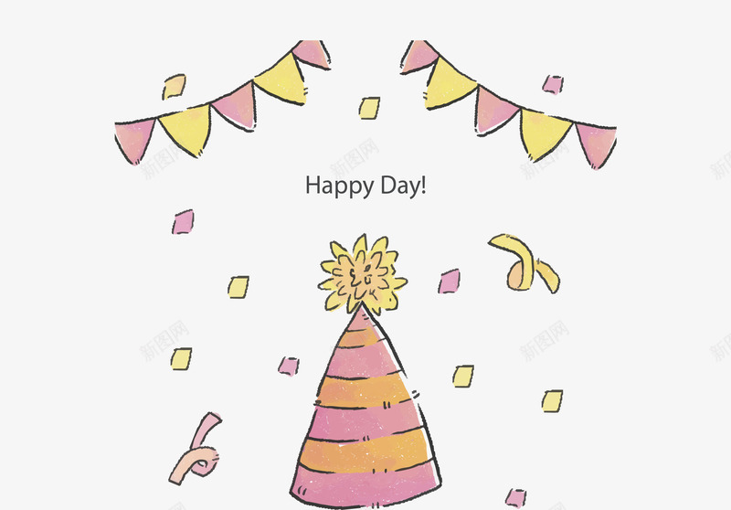 手绘风生日帽海报矢量图ai免抠素材_新图网 https://ixintu.com 彩色飘带 生日帽 生日快乐 生日派对 矢量png 过生日 矢量图