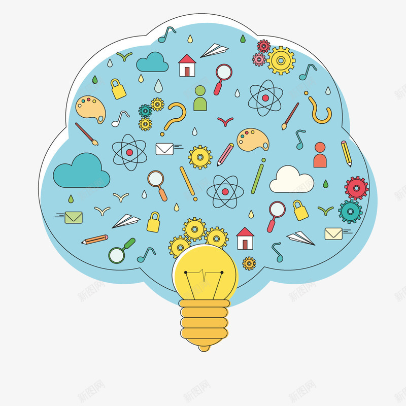 科学教育png免抠素材_新图网 https://ixintu.com 云 灯泡 蓝色 齿轮