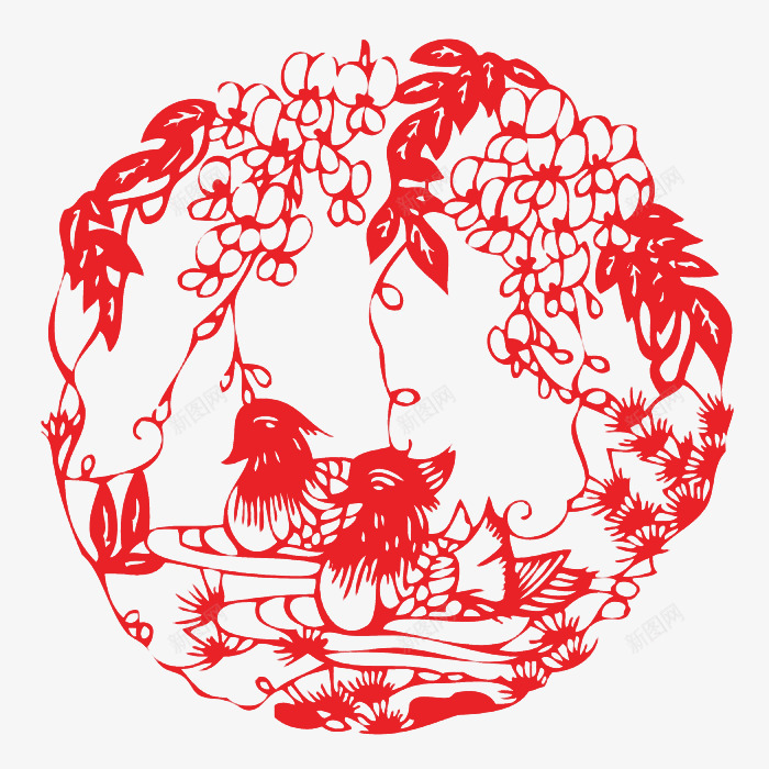 鸳鸯剪纸png免抠素材_新图网 https://ixintu.com 中国风 红色 风景 鸳鸯