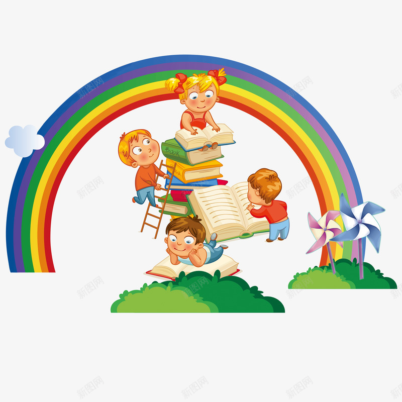 卡通看书小孩子png免抠素材_新图网 https://ixintu.com 卡通孩子书本 彩虹 树风车 看书孩子 草地