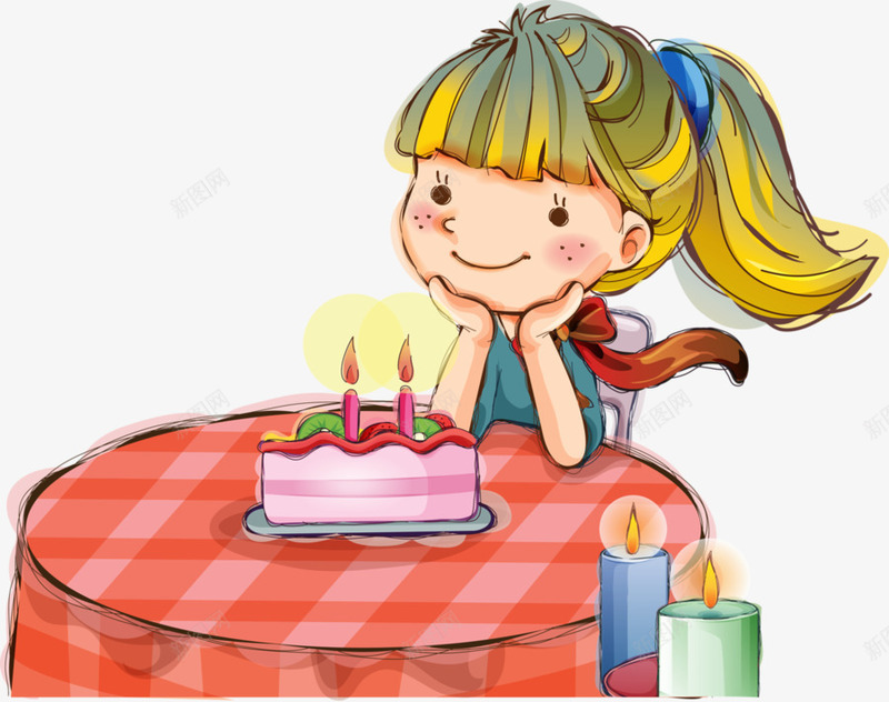 卡通小女孩png免抠素材_新图网 https://ixintu.com 卡通 坐在饭桌上的女孩 小女孩 手绘 生日蛋糕 蜡烛
