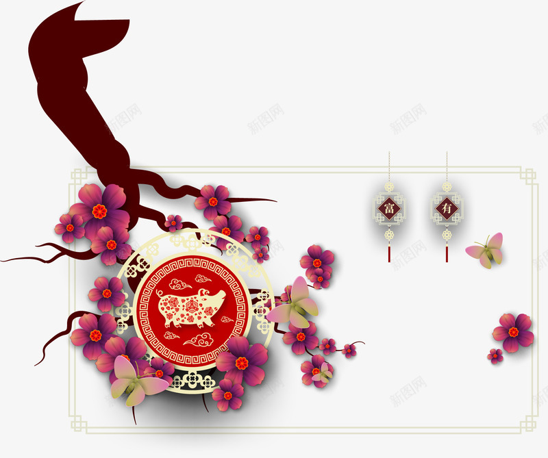 猪年装饰图案海报花朵剪纸矢量图ai免抠素材_新图网 https://ixintu.com 新年 新年花瓣剪纸 新年边框 春节海报花朵剪纸 花朵 边框 矢量图