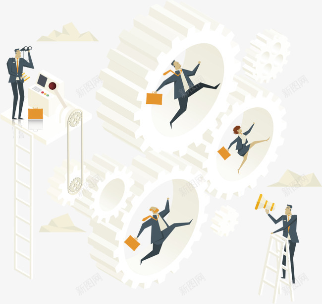 齿轮中的人物png免抠素材_新图网 https://ixintu.com 人物 卡通人物 卡通齿轮 梯子 齿轮