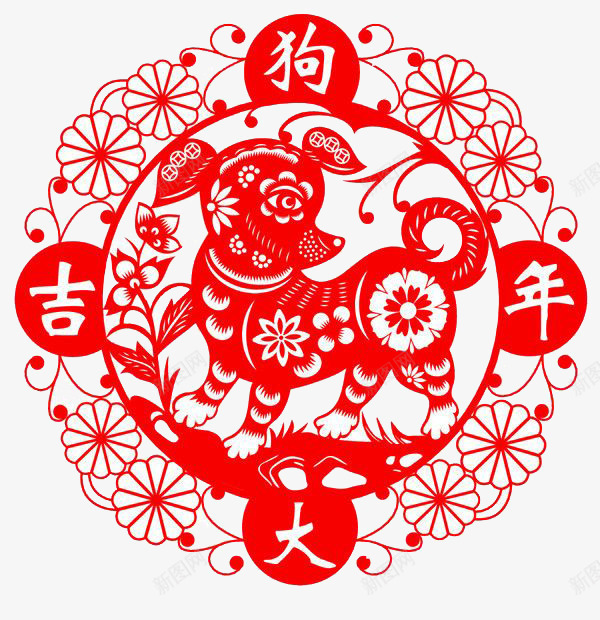 红色狗年剪纸png免抠素材_新图网 https://ixintu.com 中国风 免抠狗年大吉艺术字 狗年剪纸 红色 花边