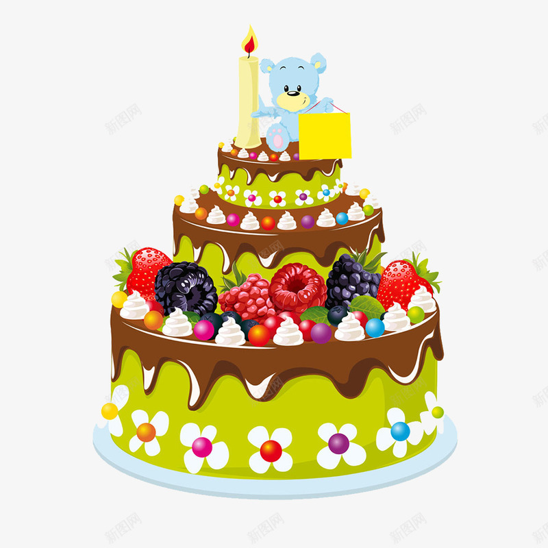 生日水果蛋糕png免抠素材_新图网 https://ixintu.com 卡通 墨绿色 小熊 水果 生日蛋糕 童趣