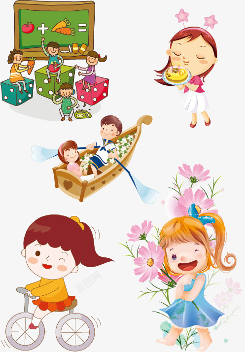 儿童卡通png免抠素材_新图网 https://ixintu.com 上课 儿童 划船 卡通人物 卡通插图 卡通素材 学习 孩子 彩色 过生日 骑车