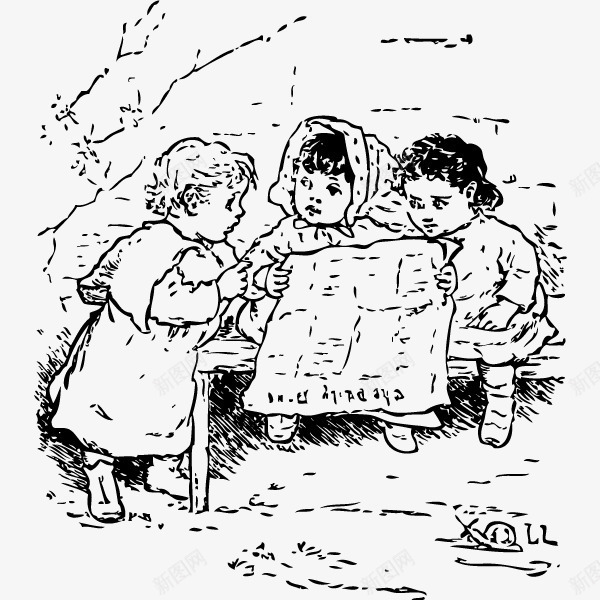 读报纸的孩子矢量图ai免抠素材_新图网 https://ixintu.com 手绘 素描 矢量图