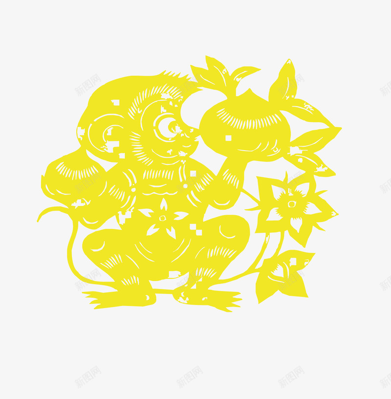 剪纸猴子献桃矢量图ai免抠素材_新图网 https://ixintu.com 十二生肖 桃子 桃花 猴子 黄色的桃子 矢量图