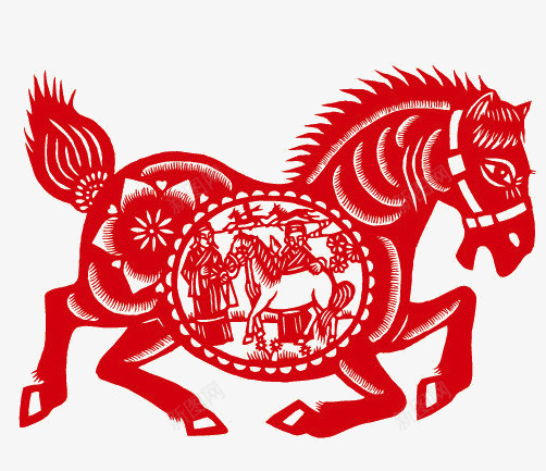 红色剪纸窗花png免抠素材_新图网 https://ixintu.com 剪纸马图案 奔跑的马 窗花