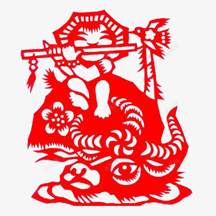 牧童骑牛剪纸png免抠素材_新图网 https://ixintu.com 传统工艺 剪纸 牧童骑牛 红色