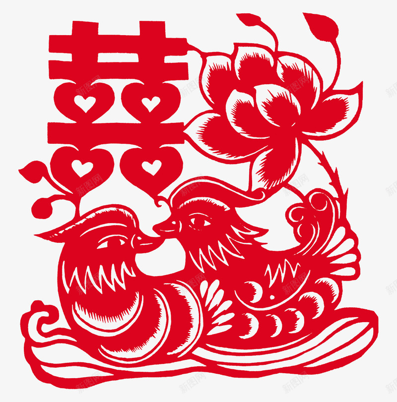 鸳鸯剪纸png免抠素材_新图网 https://ixintu.com 欢庆 红色 节日 装饰 鸳鸯