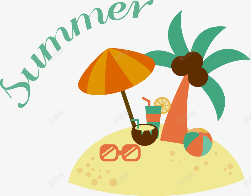 手绘卡通夏日主题沙滩太阳伞png免抠素材_新图网 https://ixintu.com 动漫动画 夏日主题 太阳伞 手绘卡通 椰子树 沙滩主题 沙滩皮球 眼镜