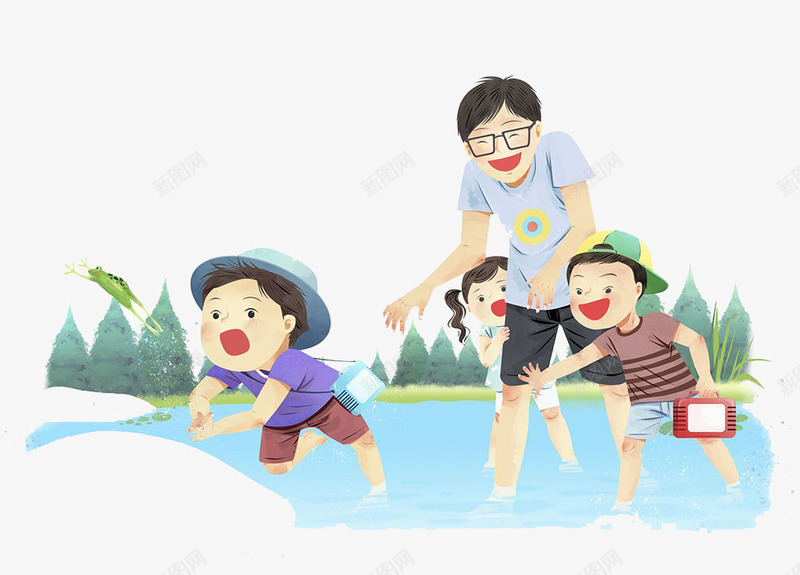 抓青蛙的孩子png免抠素材_新图网 https://ixintu.com 卡通手绘 抓住 抓捕 抓青蛙 捉住 捕捉 捕获 逮住 逮捕