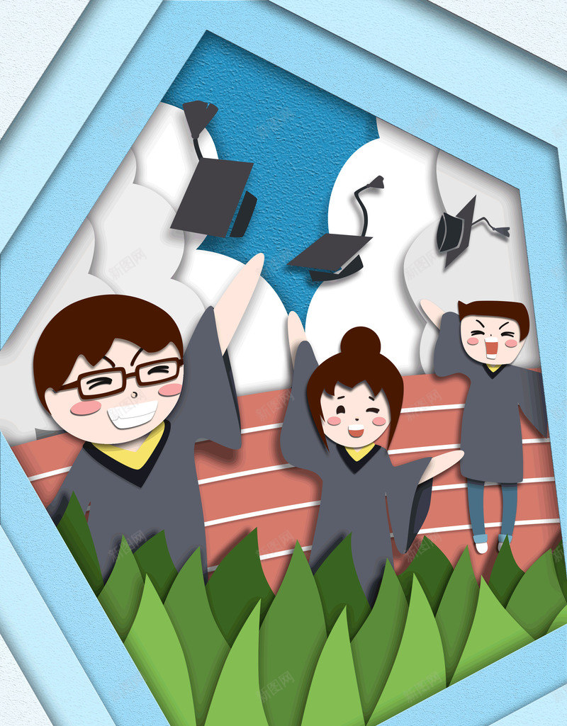 毕业季剪纸插画风psd免抠素材_新图网 https://ixintu.com 动漫动画 卡通人物 卡通手绘 毕业季 绿植 装饰图