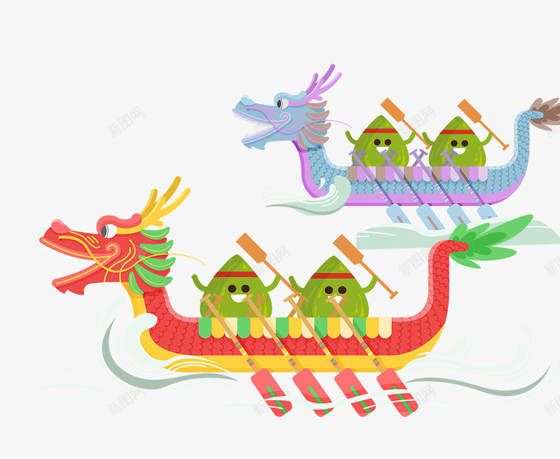 卡通手绘划龙舟的卡通粽子psd免抠素材_新图网 https://ixintu.com 免抠端午节装饰 划龙舟的 卡通 卡通粽子 手绘 河流 绿叶