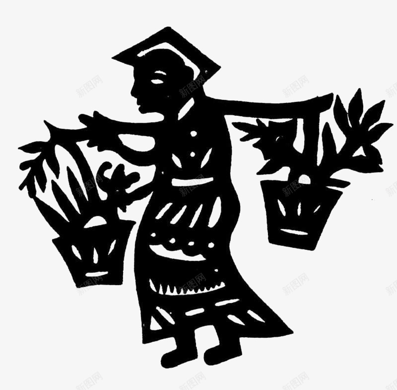 黑白剪纸挑扁担的人png免抠素材_新图网 https://ixintu.com 剪影 剪纸 劳动 扁担 手工 挑扁担 民俗 黑白