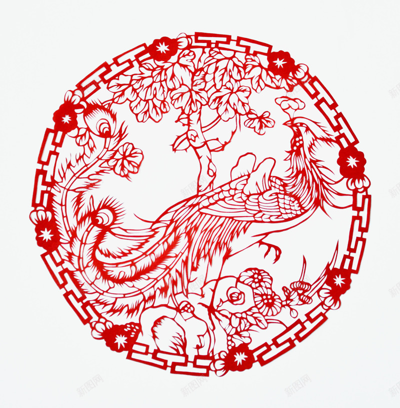 圆形红色凤凰剪纸png免抠素材_新图网 https://ixintu.com 中国风 凤凰 凤凰纹饰 剪纸 圆形 新年 植物 红色剪纸 花纹